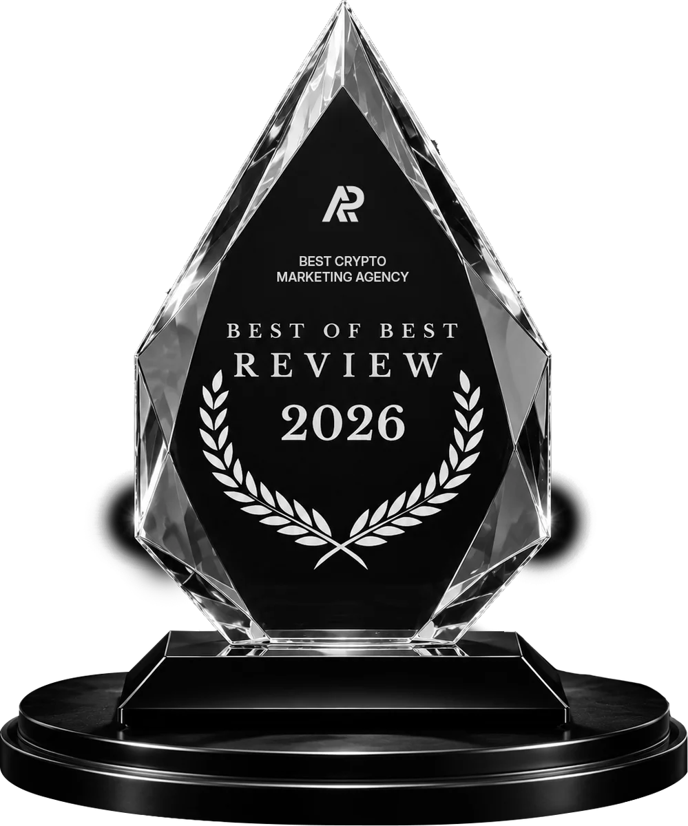 Best of Best Review crystal award engraved for AP Collective — Best Crypto Marketing Agency, 2026