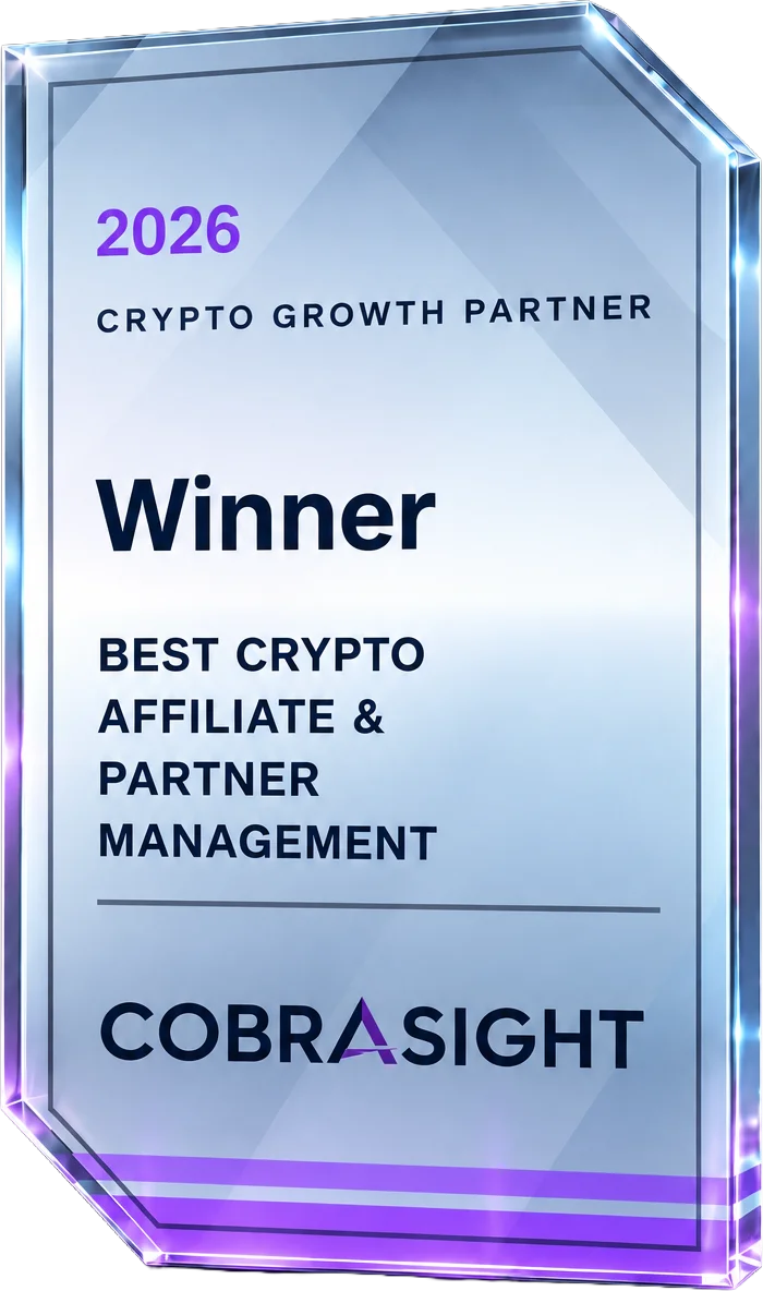 CobraSight crystal plaque engraved Winner, Best Crypto Affiliate & Partner Management — Crypto Growth Partner 2026