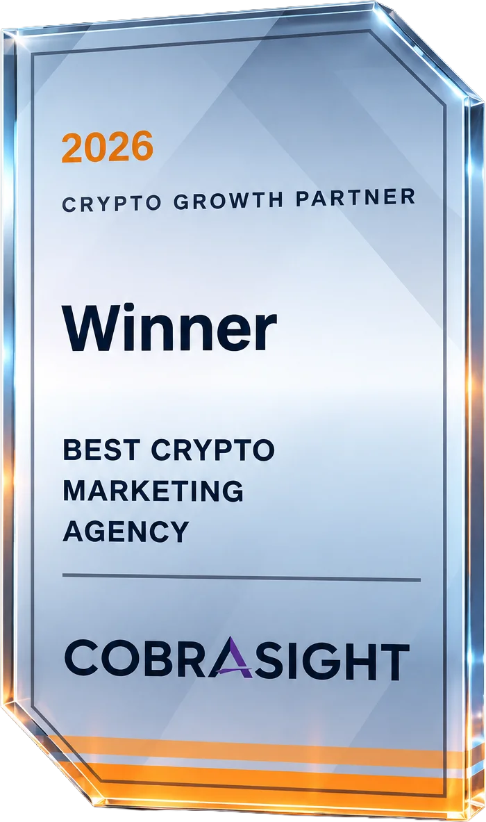 CobraSight crystal plaque engraved Winner, Best Crypto Marketing Agency — Crypto Growth Partner 2026